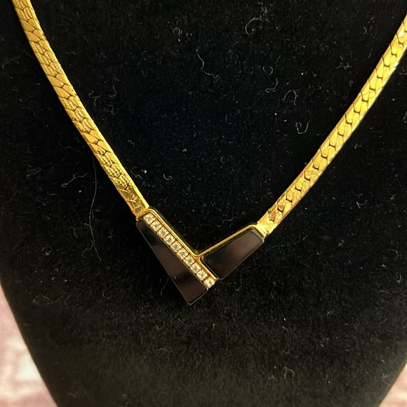 Vintage Gold V Necklace with Black Enamel & Rhinestones –statement piece - Picture 2 of 3